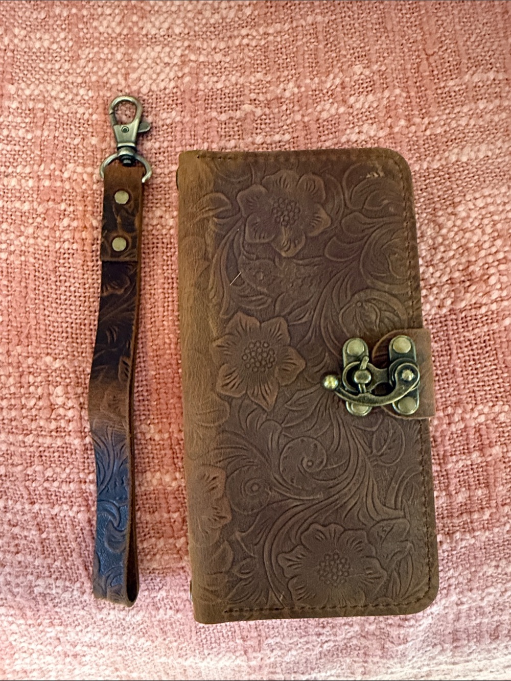 Embossed Floral Brown Leather Wallet Phone case with Wrist Strap
